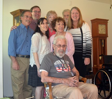 Joining Schwartz for his birthday are family and friends. Pictured is his son Jack Schwartz Jr. and wife Diane Waters-Schwartz, grandson Michael Schwartz, Lenore Saks, a cousin, Colin and Carol Cox, Amanda Cox, and a niece, Carol Cox.